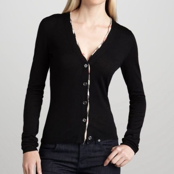 Burberry Checked-Trim Nova Merino Wool Cardigan Black Size Small - Picture 14 of 14